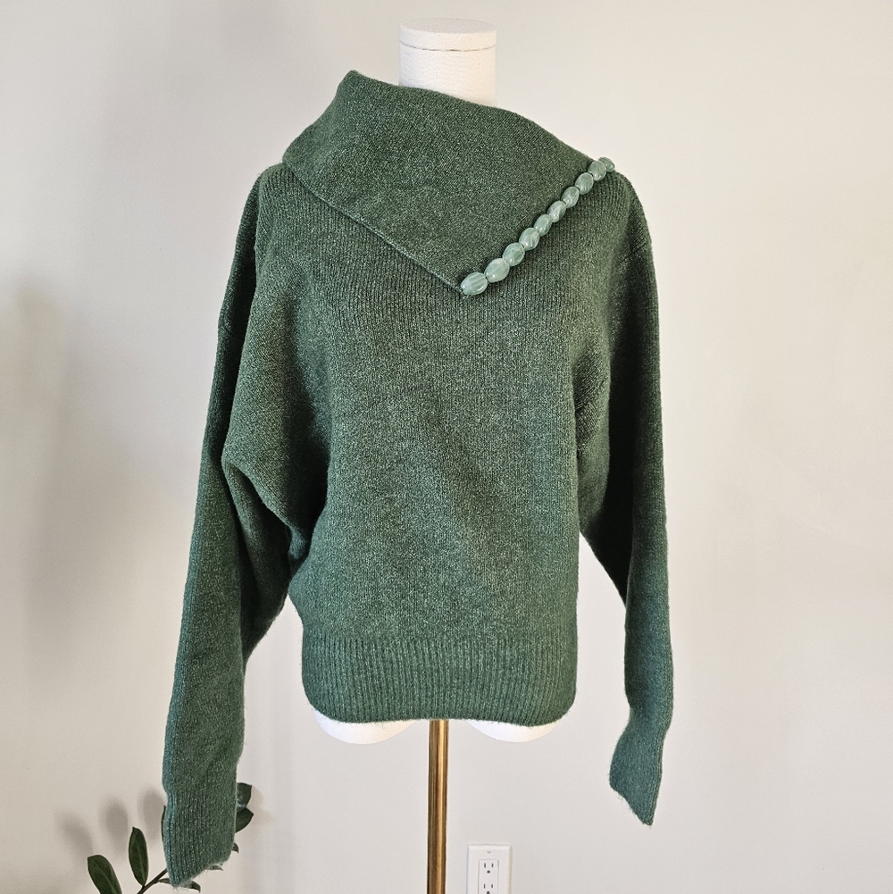 Zara M Ball trim knit Green Women's Sweater with Button Detail